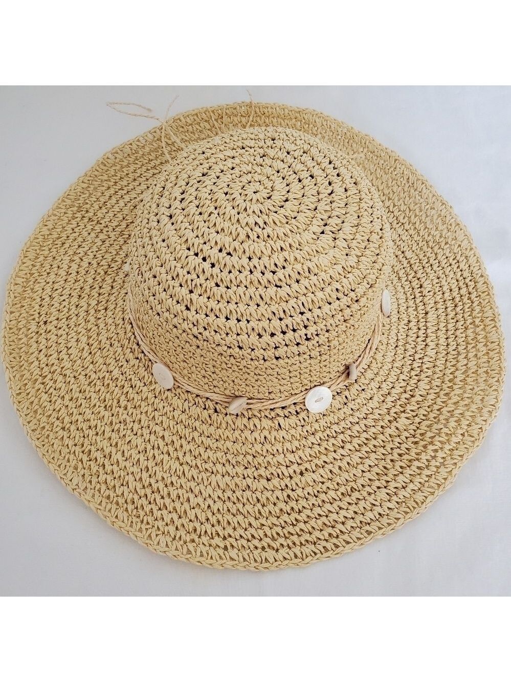STRAND HEADWEAR WOMEN SUN HAT FLOPPY RAFFIA STRAW PUCA SHELLS BUTTONS COACHELLA - Picture 3 of 8